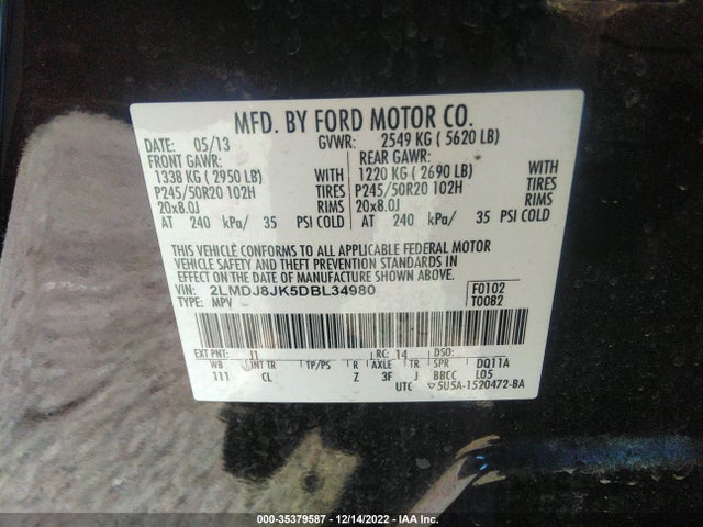 Lincoln MKX 2013 2LMDJ8JK5DBL34980 Image 10