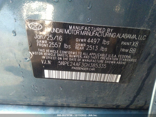 2016 HYUNDAI SONATA 2.4L SE VIN: 5NPE24AF3GH385335