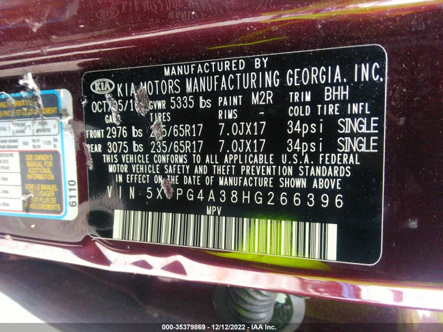 2017 Kia Sorento, VIN: 5XYPG4A38HG266396