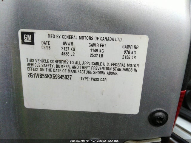 2006 CHEVROLET IMPALA LS VIN: 2G1WB55KX69345037