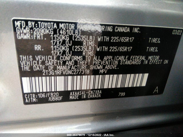 2022 Toyota RAV4, VIN: 2T3G1RFV0NC277318