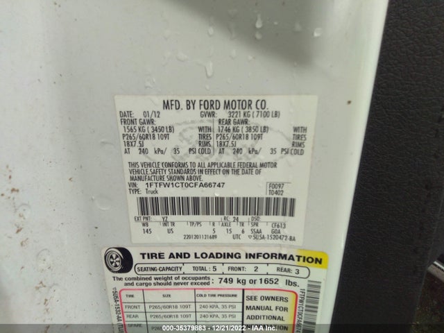 2012 FORD F-150 XL/XLT/FX2/LARIAT VIN: 1FTFW1CT0CFA66747