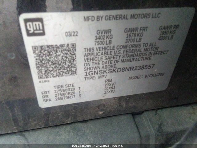 2022 Chevrolet Tahoe, VIN: 1GNSKSKD8NR238557