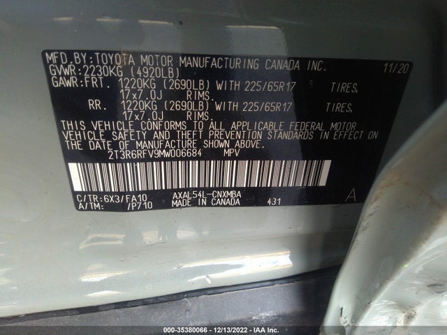 2021 Toyota RAV4, VIN: 2T3R6RFV9MW006684
