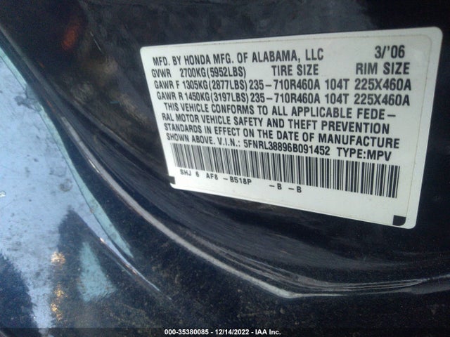 2006 HONDA ODYSSEY TOURING VIN: 5FNRL38896B091452