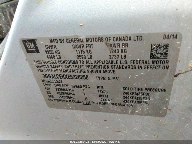 2014 CHEVROLET EQUINOX LT VIN: 2GNALCEKXE6328250