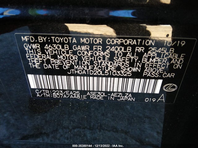 2020 Lexus IS, VIN: JTHGA1D20L5103325