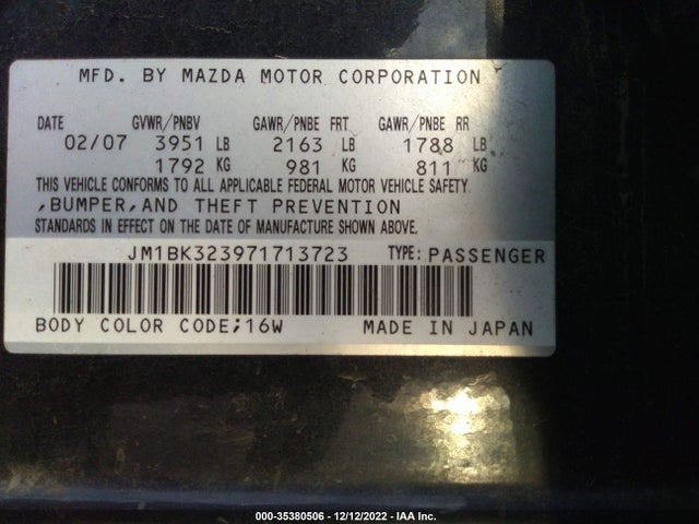 2007 MAZDA MAZDA3 S GRAND TOURING VIN: JM1BK323971713723