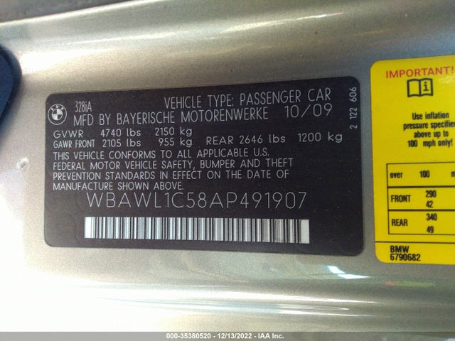 BMW 3 Series 328i 2010 WBAWL1C58AP491907 Image 9