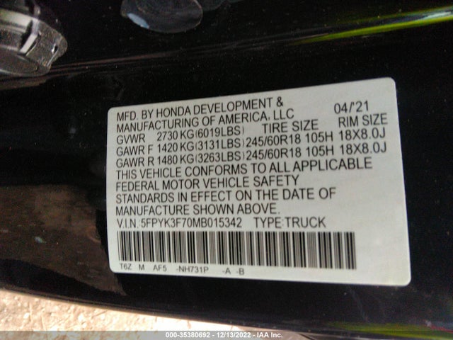 2021 Honda Ridgeline, VIN: 5FPYK3F70MB015342
