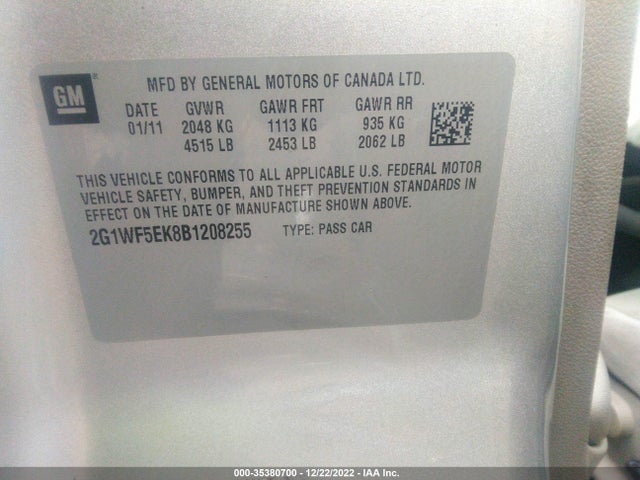 2011 CHEVROLET IMPALA LS FLEET VIN: 2G1WF5EK8B1208255