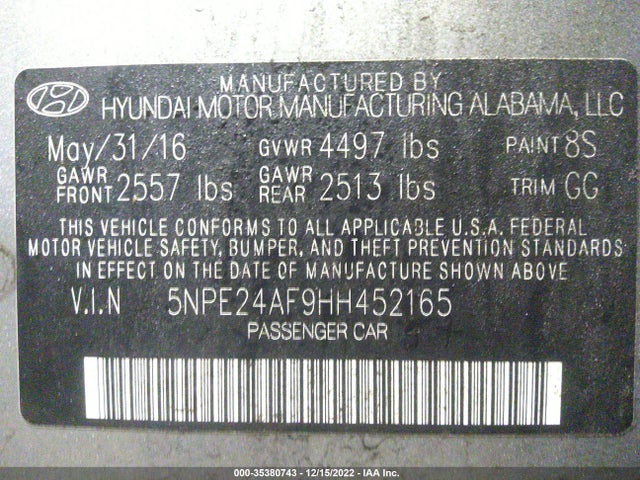 2017 HYUNDAI SONATA 5NPE24AF9HH452165 Photo 8
