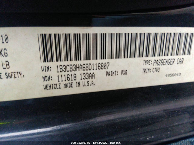 2011 DODGE CALIBER MAINSTREET VIN: 1B3CB3HA6BD116807