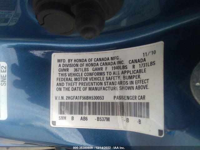 2011 HONDA CIVIC SDN LX VIN: 2HGFA1F56BH530053