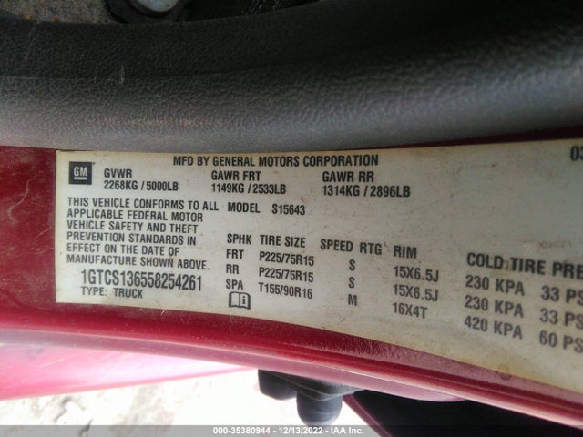 2005 GMC CANYON 1SB SLE Z85 VIN: 1GTCS136558254261