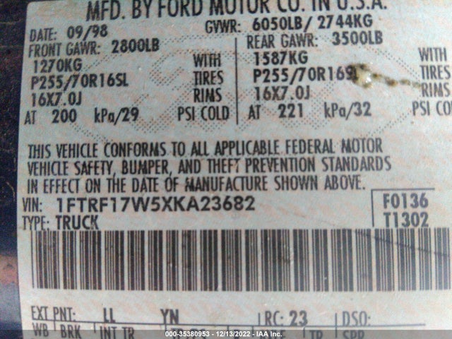 1999 FORD F-150 VIN: 1FTRF17W5XKA23682
