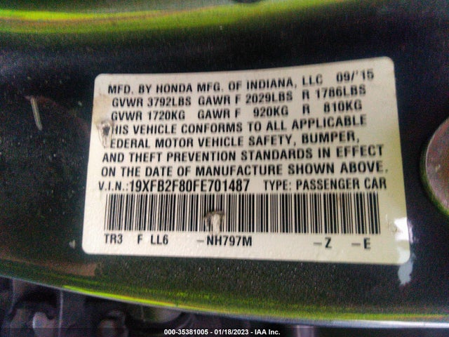 Honda Civic Sedan Ex 2015 19XFB2F80FE701487 Image 9