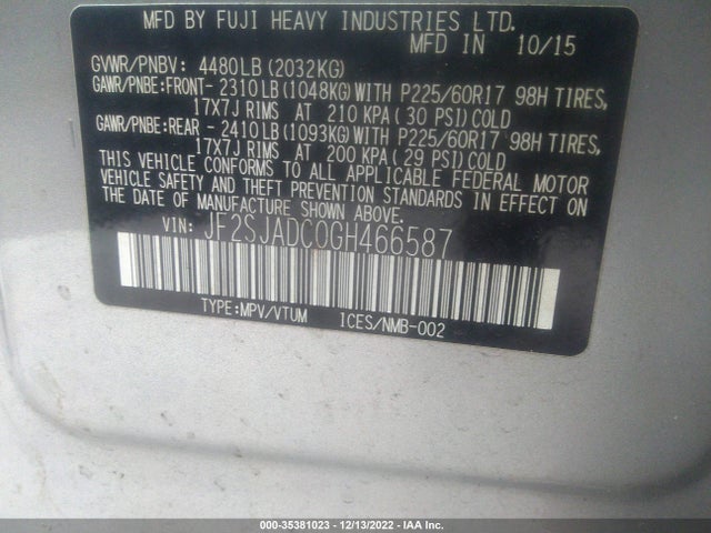 2016 SUBARU FORESTER 2.5I PREMIUM VIN: JF2SJADC0GH466587