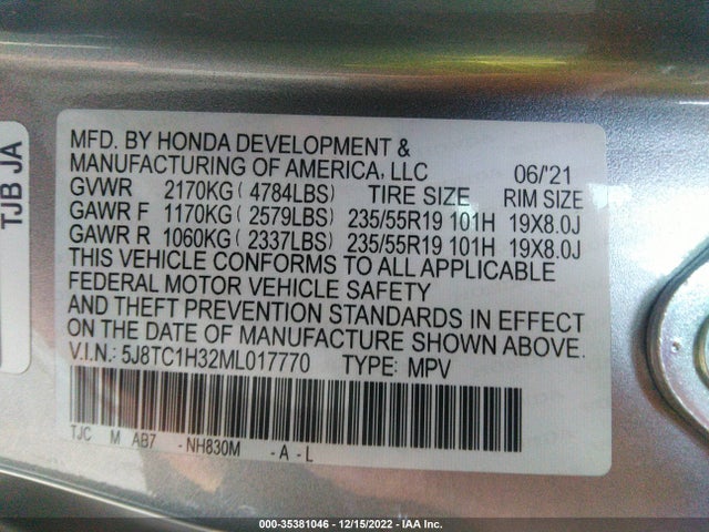 35381046 :رقم المزاد ، 5J8TC1H32ML017770 vin ، 2021 Acura Rdx مزاد بيع