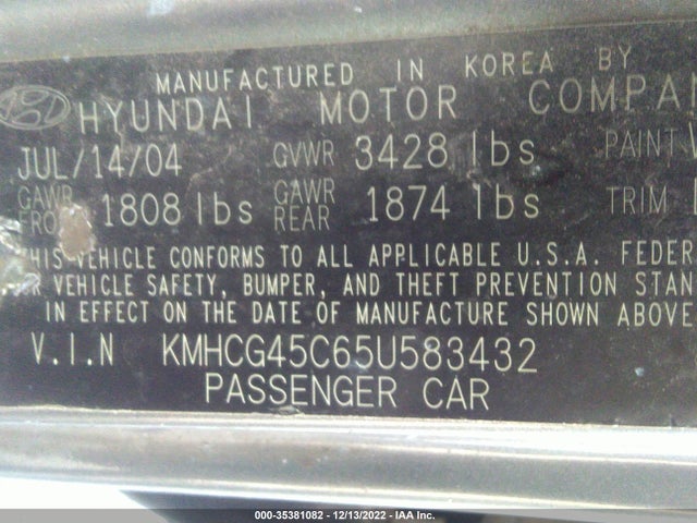 2005 HYUNDAI ACCENT GLS VIN: KMHCG45C65U583432