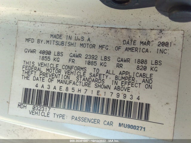 4A3AE85H71E179934 Mitsubishi ECLIPSE GT