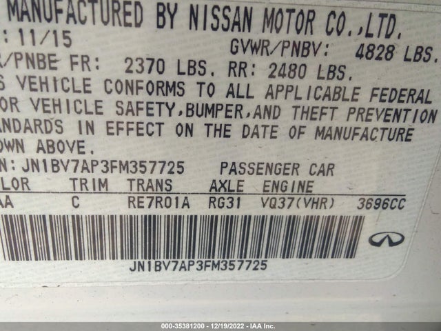 2015 INFINITI Q50 PREMIUM VIN: JN1BV7AP3FM357725