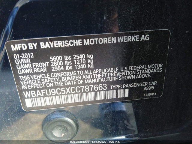 2012 BMW 5 SERIES 550I XDRIVE VIN: WBAFU9C5XCC787663