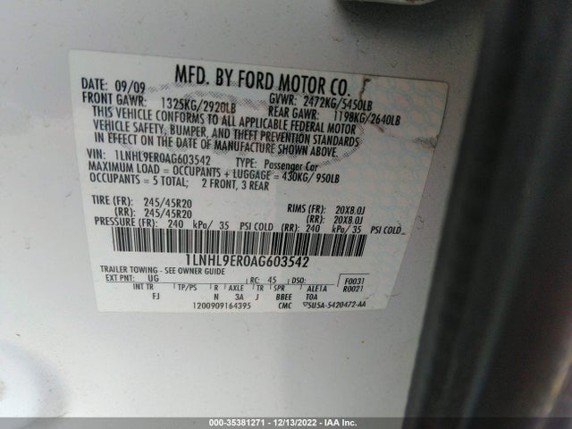 Lincoln MKS 2010 1LNHL9ER0AG603542 Image 10