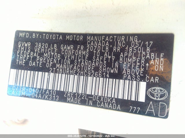 2017 Toyota Corolla, VIN: 2T1BURHE2HC926614