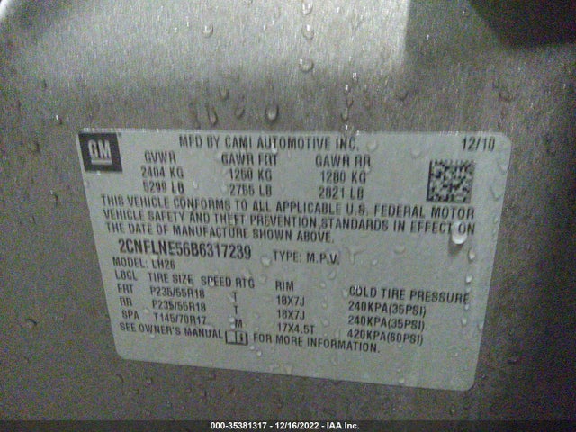 2011 CHEVROLET EQUINOX LT W/2LT VIN: 2CNFLNE56B6317239