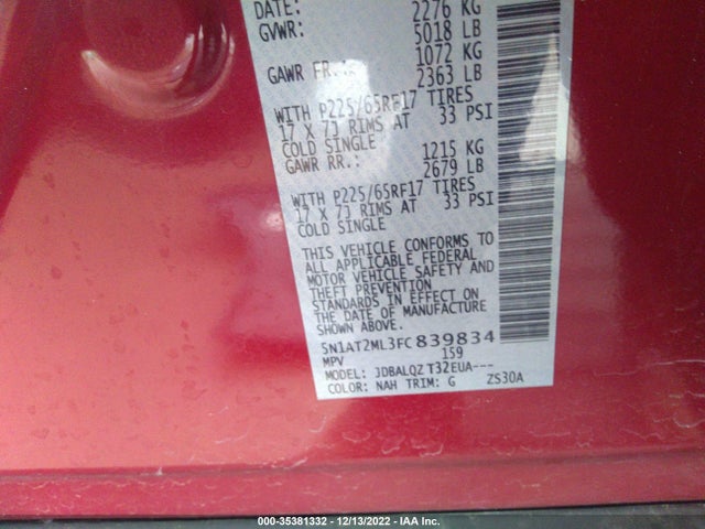 2015 NISSAN ROGUE SV VIN: 5N1AT2ML3FC839834