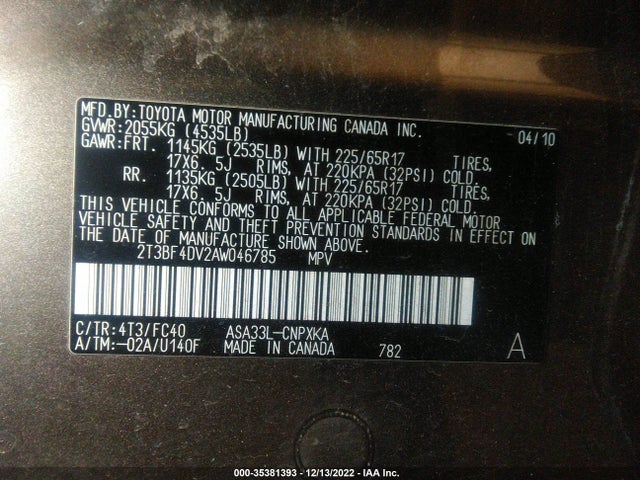 2010 TOYOTA RAV4 VIN: 2T3BF4DV2AW046785