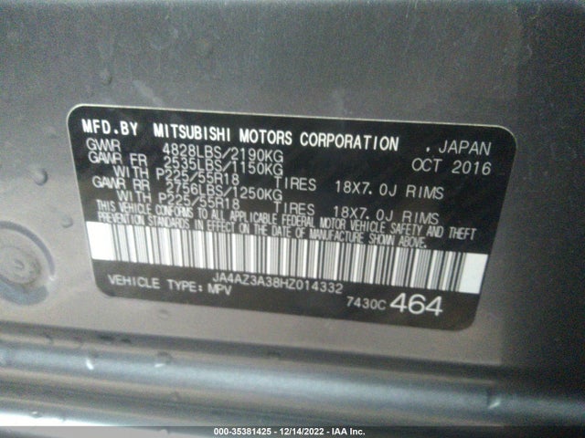 2017 Mitsubishi Outlander, VIN: JA4AZ3A38HZ014332