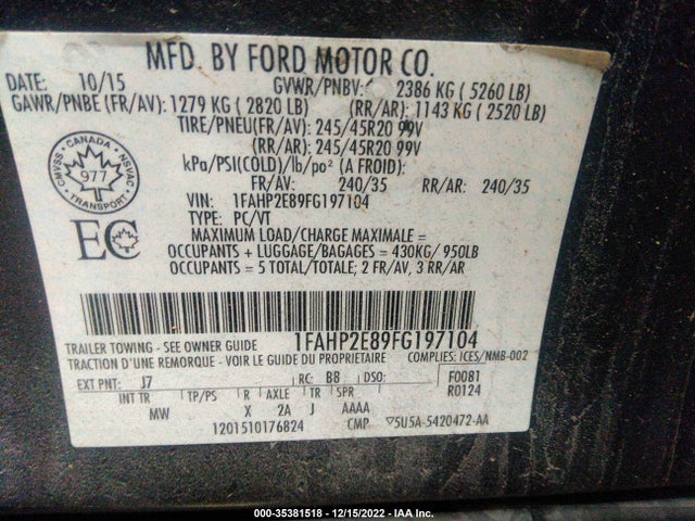 2015 Ford Taurus, VIN: 1FAHP2E89FG197104