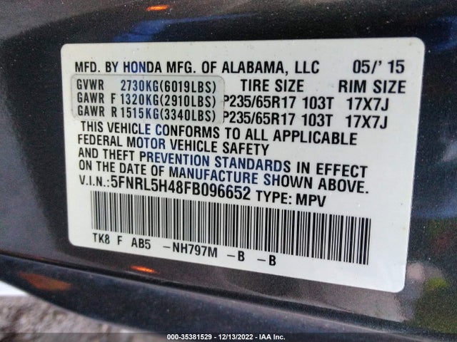 2015 Honda Odyssey, VIN: 5FNRL5H48FB096652