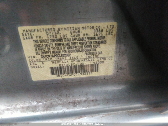 2012 NISSAN VERSA SV VIN: 3N1CN7AP0CL932552