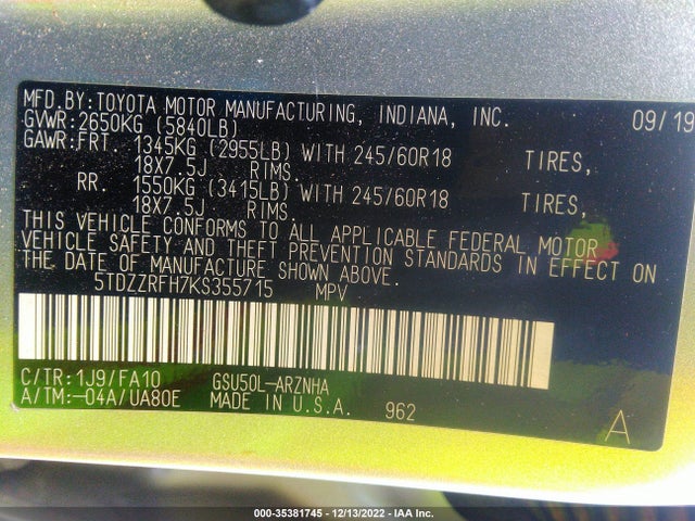 2019 Toyota Highlander, VIN: 5TDZZRFH7KS355715