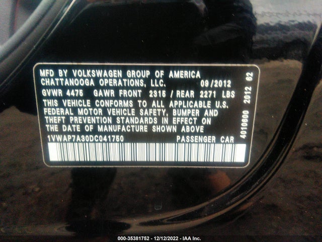 2013 VOLKSWAGEN PASSAT S W/APPEARANCE VIN: 1VWAP7A30DC041750