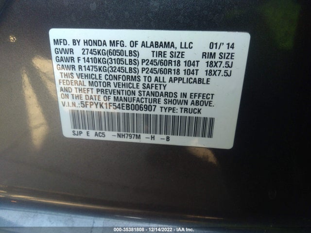 2014 HONDA RIDGELINE RTL VIN: 5FPYK1F54EB006907