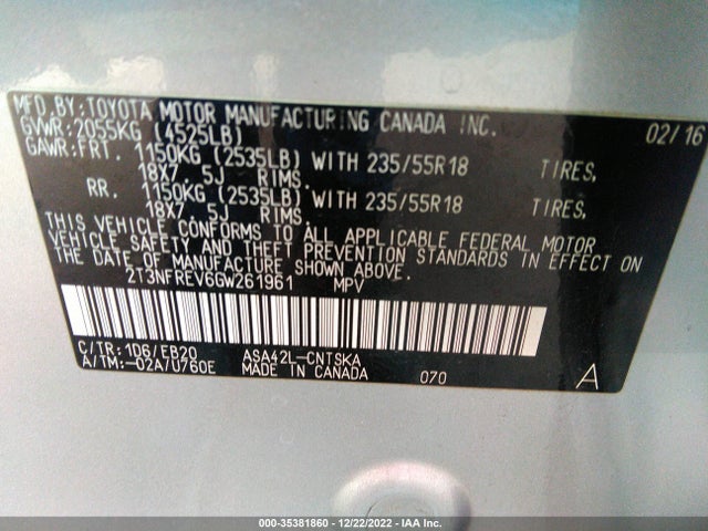 2016 TOYOTA RAV4 SE VIN: 2T3NFREV6GW261961
