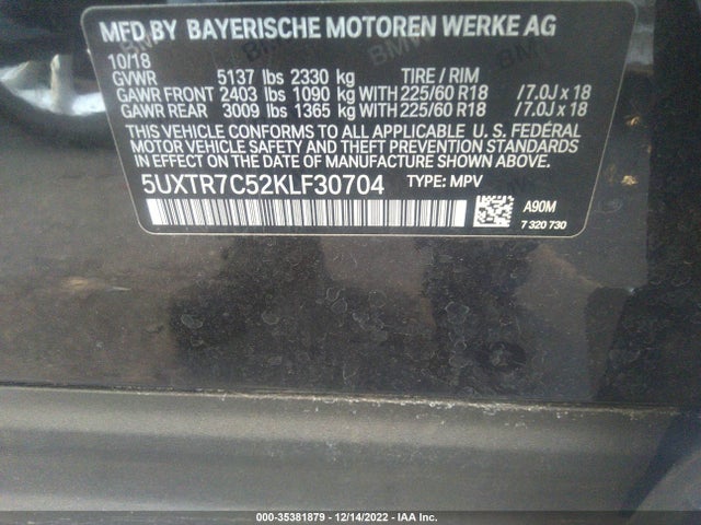 2019 BMW X3 SDRIVE30I VIN: 5UXTR7C52KLF30704