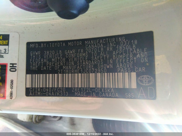 2018 TOYOTA COROLLA L/LE/XLE/SE/XSE VIN: 2T1BURHE1JC072950