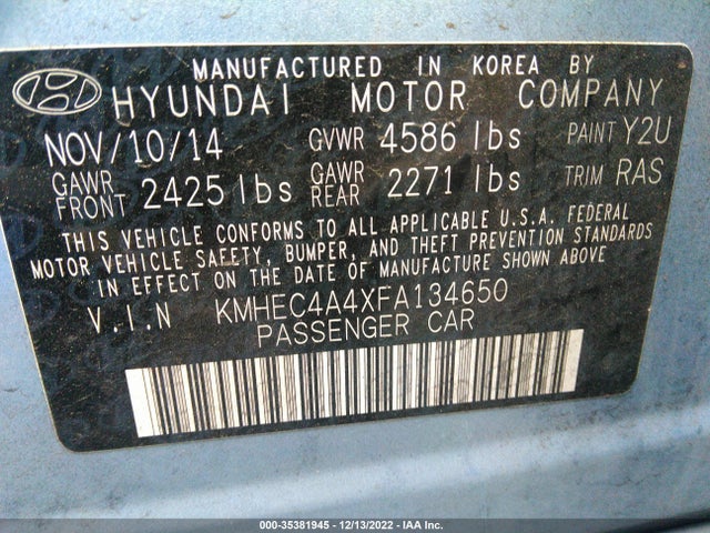 Hyundai SONATA HYBRID 2015 KMHEC4A4XFA134650 Image 9