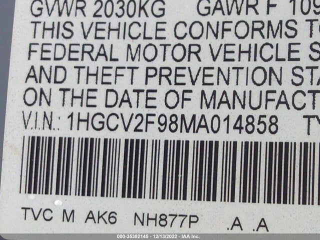 2021 HONDA ACCORD SEDAN TOURING VIN: 1HGCV2F98MA014858