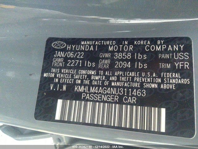 2022 HYUNDAI ELANTRA SEL VIN: KMHLM4AG4NU311463