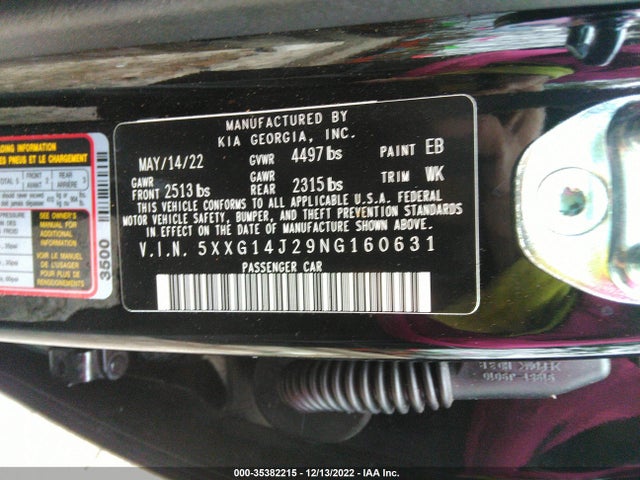 2022 Kia K5, VIN: 5XXG14J29NG160631