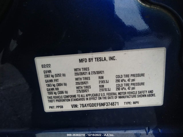 Tesla Model Y Performance 2022 7SAYGDEF6NF374871 Image 11