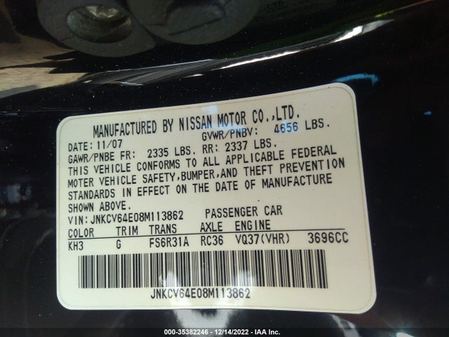 2008 INFINITI G37 COUPE SPORT VIN: JNKCV64E08M113862