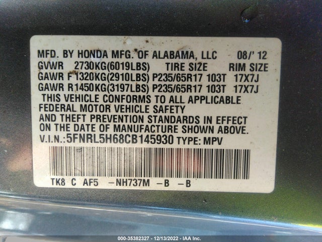 2012 HONDA ODYSSEY EX-L VIN: 5FNRL5H68CB145930