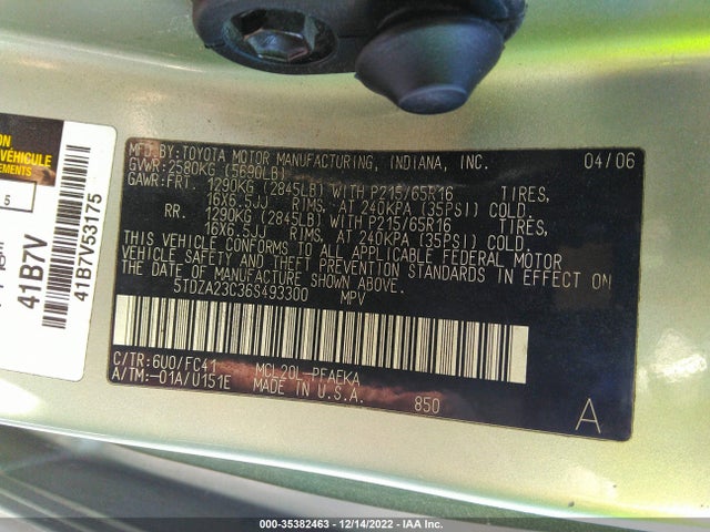 2006 TOYOTA SIENNA CE/LE VIN: 5TDZA23C36S493300